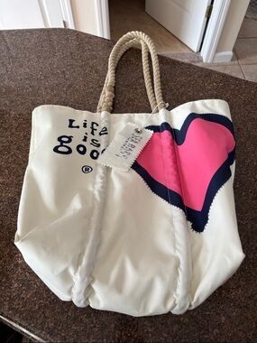 Sea Bags Maine x Life Is Good Cream Pink Navy Heart Tote Bag-Beach, Pool, Vaca
